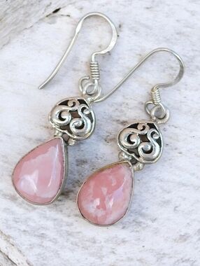 Vintage Sterling Silver Rhodochrosite Gemstone Dangle Earrings